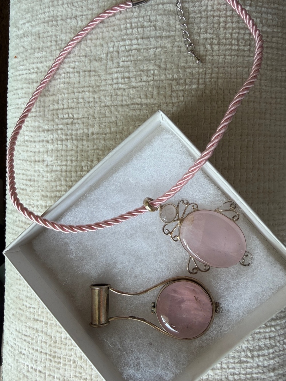 Delicate Pink Rose Quartz Pendant Necklace with Twisted Cable Cord